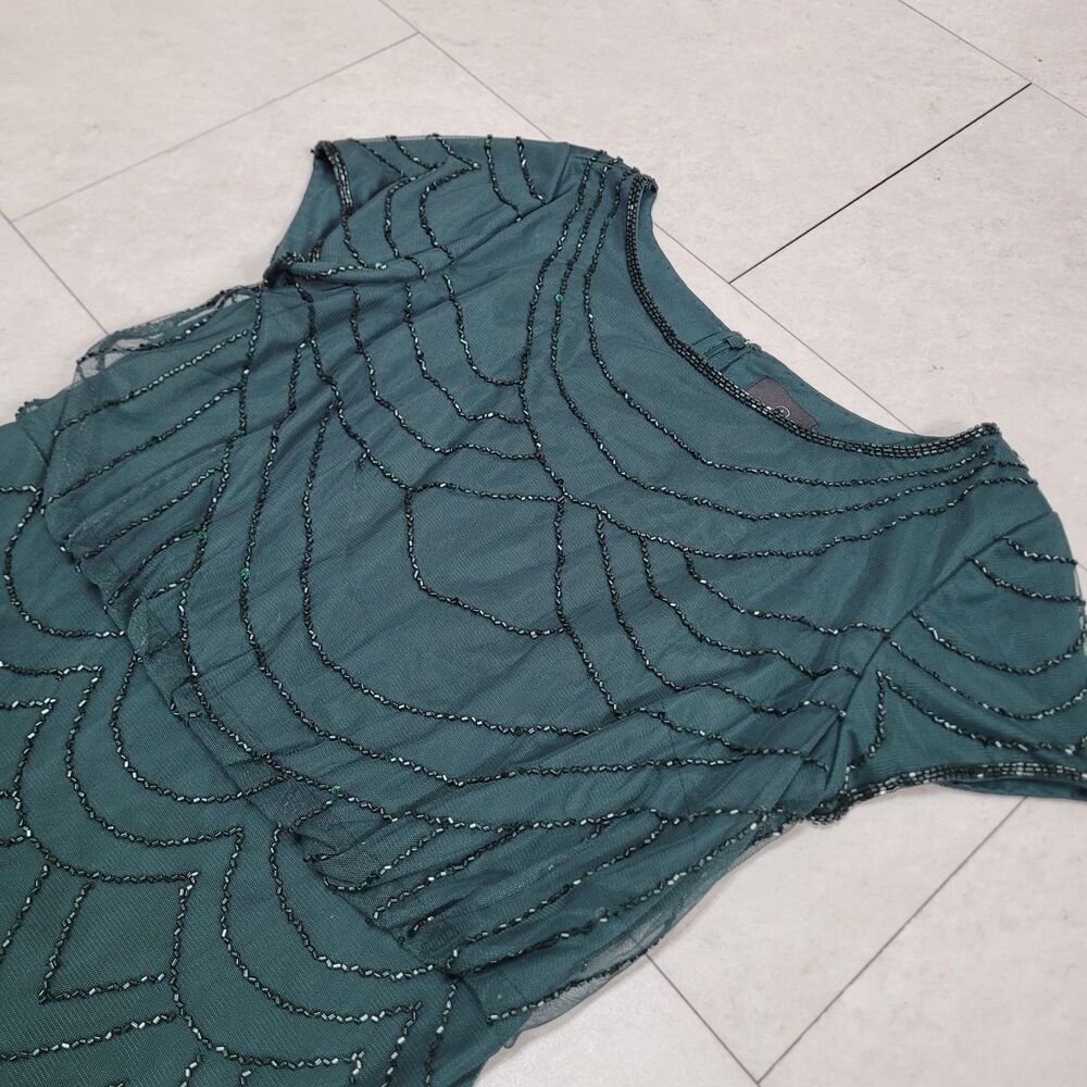 Adrianna Papell Beaded Blouson Gown Dusty Emerald Green St. Patrick's Short Slv - Picture 4 of 16